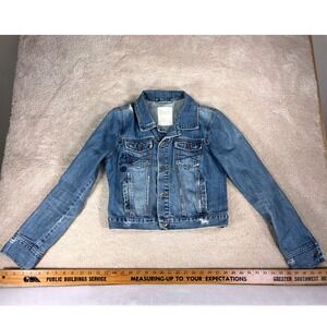 Aeropostale Womens Denim Jacket Large Blue Floral Embroidered Distressed Cropped
